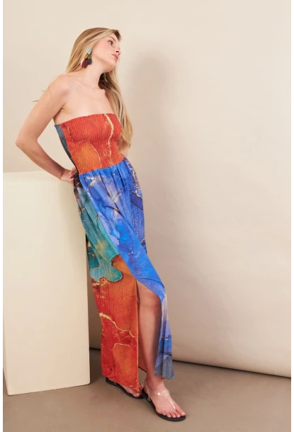 Kadın Turuncu-Mavi Straplez Pilise Uzun Elbise MSİ100