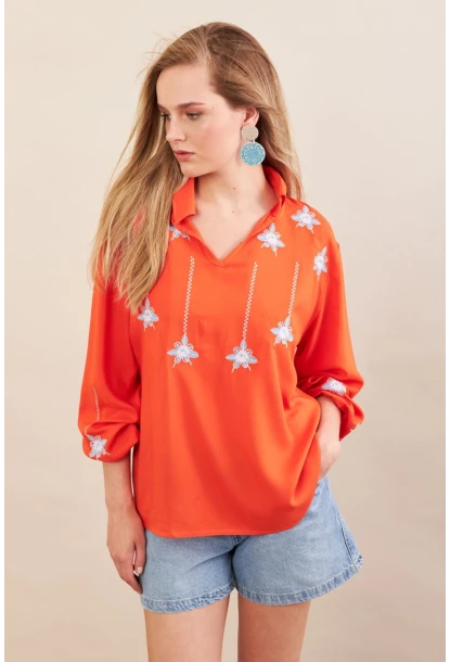 Kadın Turuncu Nakışlı Bluz MPC1345