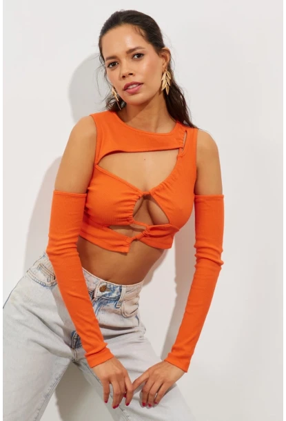 Kadın Turuncu Pencereli Kaşkorse Crop Bluz B2403