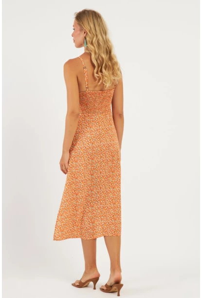 Kadın Turuncu Sırtı Gipeli Desenli Midi Elbise MP427