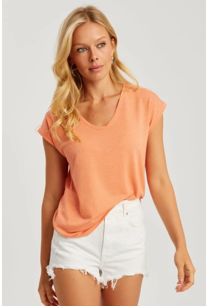 Kadın Turuncu V Yaka Simli Bluz RX436