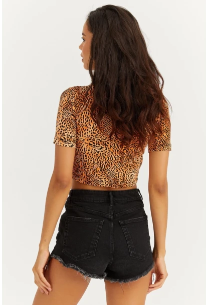 Kadın Turuncu Yarım Balıkçı Leopar Desen Bluz LPP1208