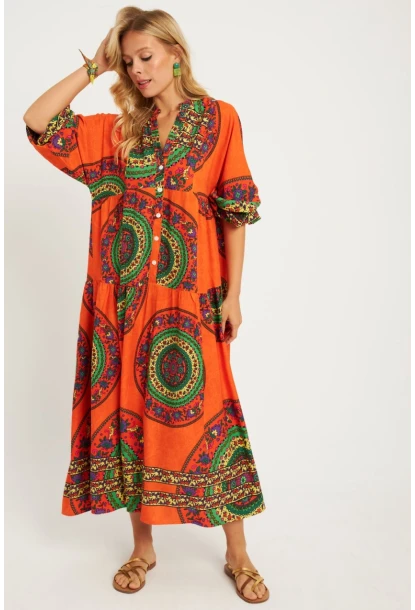 Kadın Turuncu-Yeşil Desenli Midi Elbise GÇ169