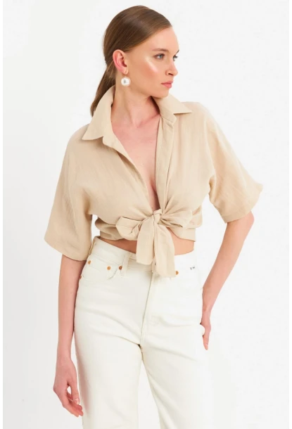 Kadın Vanilya Bağlamalı Keten Bluz BTH16