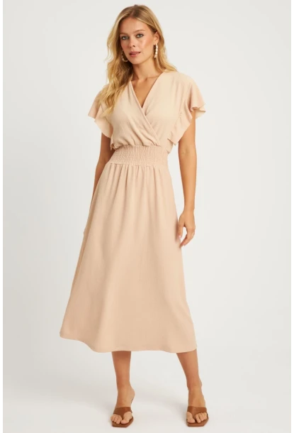 Kadın Vanilya Bürümcük Kruvaze Midi Elbise XL2008