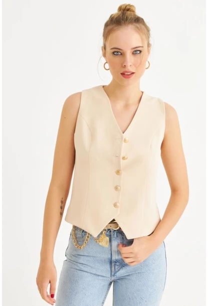 Kadın Vanilya Düğme Detaylı Astarlı Yelek SGT410