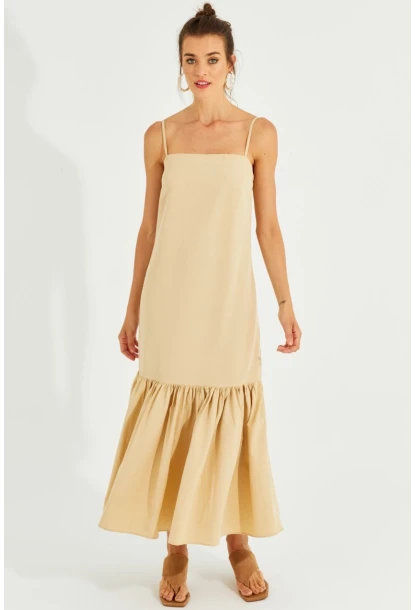Kadın Vanilya Eteği Volanlı Askılı Midi Elbise MEN2001