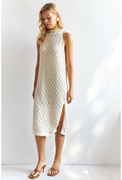 Kadın Vanilya Halter Yaka Triko Midi Elbise MP20134