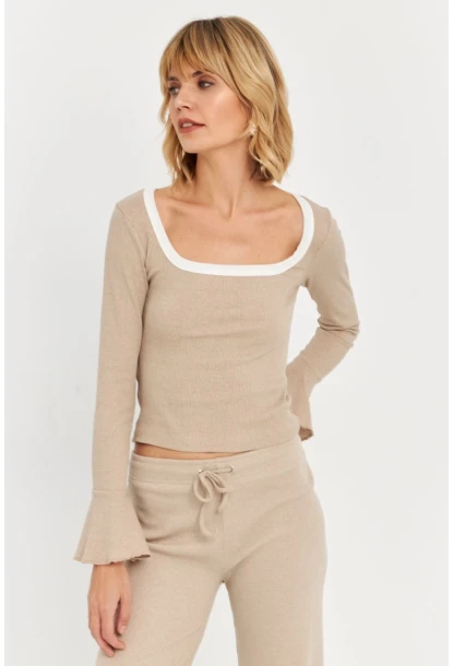 Kadın Vanilya Kontrast Yaka İspanyol Kol Bluz ALB3105