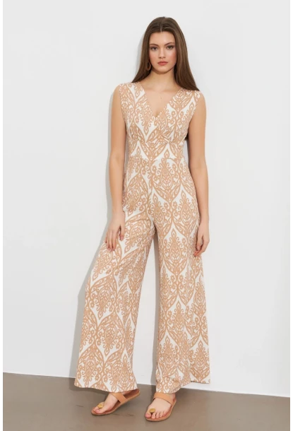 Kadın Vanilya Kruvaze Yaka Desenli Bürümcük Tulum MP430