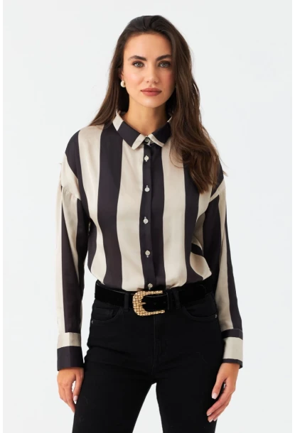 Kadın Vanilya-Siyah Desenli Saten Gömlek MSHR500