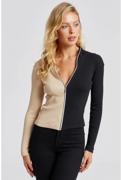 Kadın Vanilya-Siyah Renk Bloklu Kaşkorse Bluz EY2586