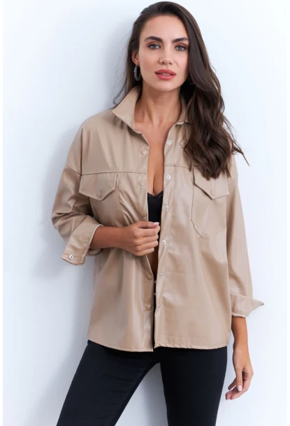 Kadın Vanilya Suni Deri Gömlek HO56