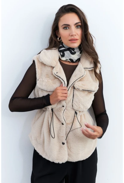 Kadın Vanilya Suni Kürk Cepli Yelek MK66