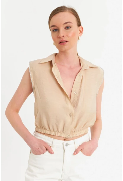 Kadın Vanilya Taş Detaylı Crop Gömlek SUN200