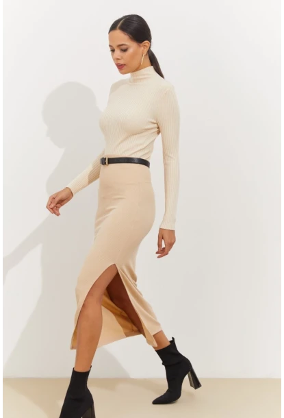 Kadın Vanilya Yandan Yırtmaçlı Midi Etek BK1600