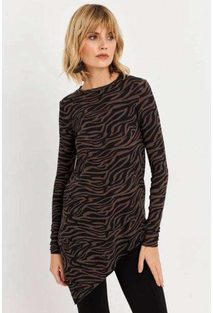 Kadın Vizon Asimetrik Zebra Desenli Tunik MLPP1186-1