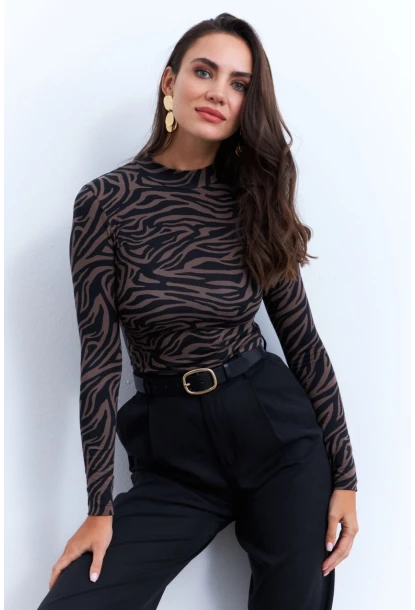 Kadın Vizon-Siyah Zebra Desenli Bluz LPP1275