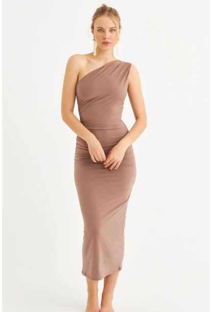 Kadın Vizon Tek Omuz Büzgülü Midi Elbise DMR294-90