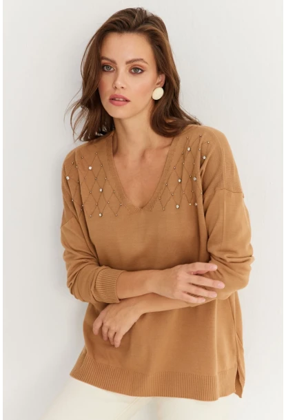 Kadın Vizon V Yaka Taşlı İnce Triko Bluz YİL002