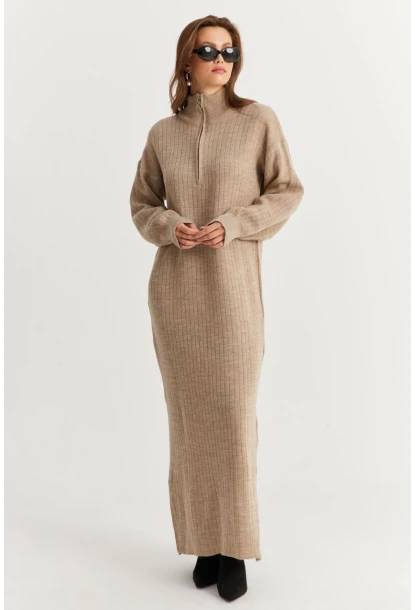 Kadın Vizon Yakası Fermuarlı Triko Maxi Elbise MNUV10
