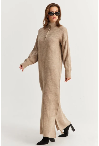 Kadın Vizon Yakası Fermuarlı Triko Maxi Elbise MNUV10