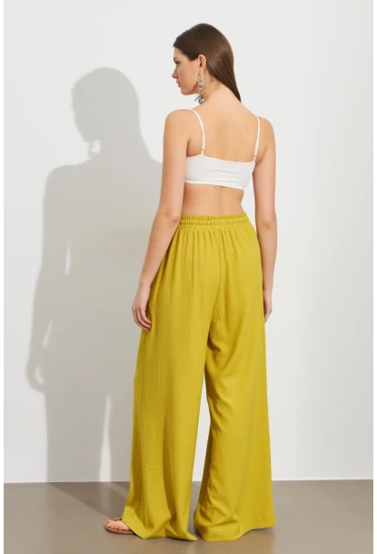 Kadın Yağ Yeşili Beli Lastikli Bürümcük Pantolon ROP105