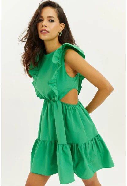 Kadın Yeşil Bel Dekolteli Volanlı Mini Elbise SF1523