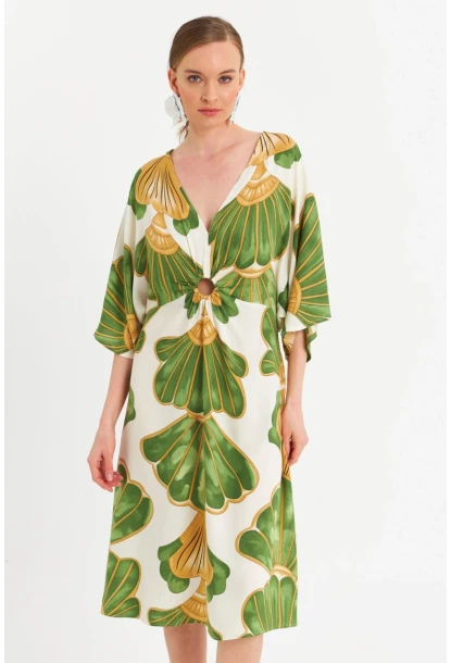 Kadın Yeşil-Beyaz Desenli Pencereli Midi Elbise Q1003