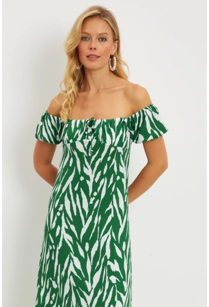 Kadın Yeşil Bürümcük Büzgülü Midi Elbise DY105