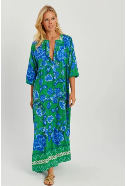 Kadın Yeşil Çiçekli Salaş Maxi Elbise Q989