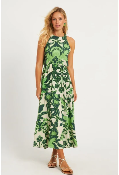 Kadın Yeşil Desenli Midi Elbise YZ1107