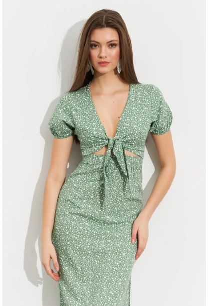 Kadın Yeşil Desenli Pencereli Midi Elbise Q1013