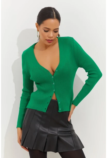 Kadın Yeşil Düğmeli Triko Bluz YV94