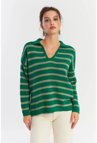 Kadın Yeşil-Gri Polo Yaka Çizgili Triko Kazak SE01