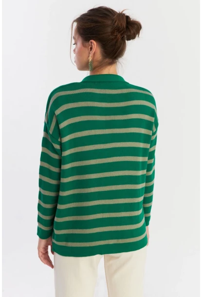 Kadın Yeşil-Gri Polo Yaka Çizgili Triko Kazak SE01