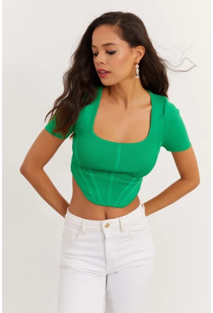 Kadın Yeşil Kare Yaka Triko Bluz TEM95