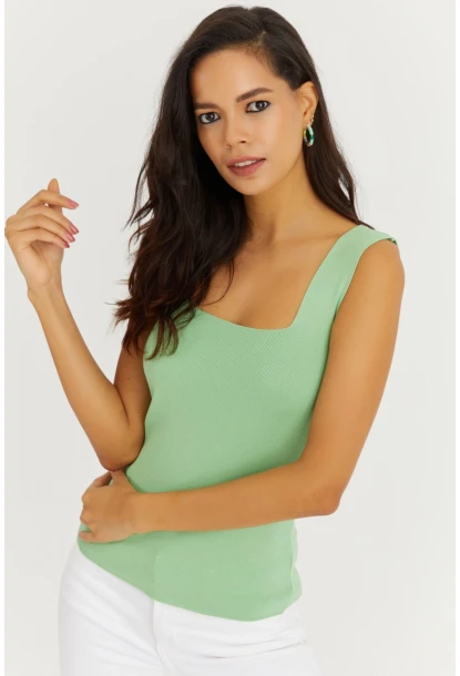 Kadın Yeşil Kare Yaka Triko Bluz YV80