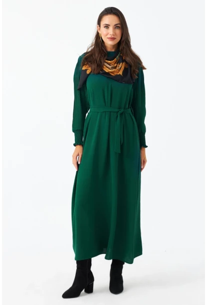 Kadın Yeşil Kolları Pileli Kemerli Maxi Elbise MASF124