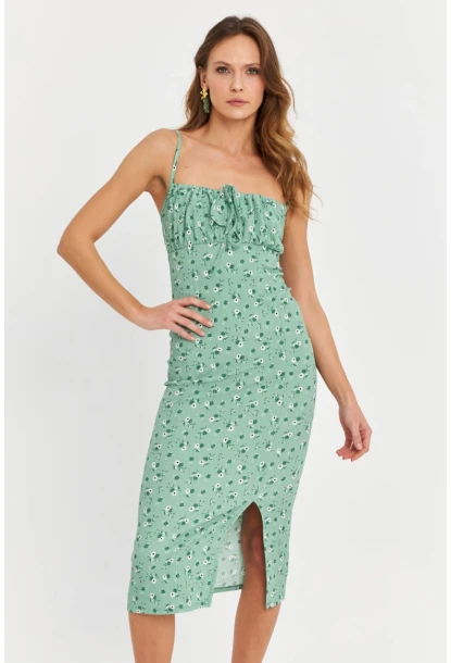 Kadın Yeşil Önü Bağlamalı Midi Elbise MTK10546