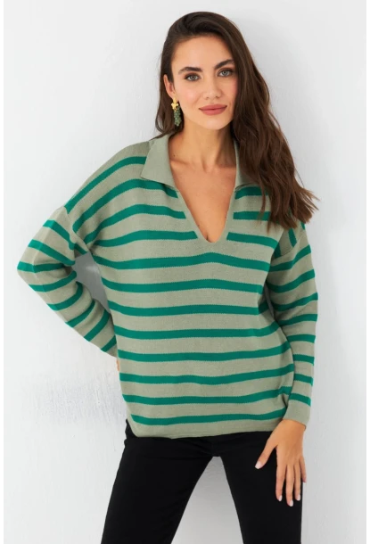 Kadın Yeşil Polo Yaka Çizgili Triko Kazak SE01