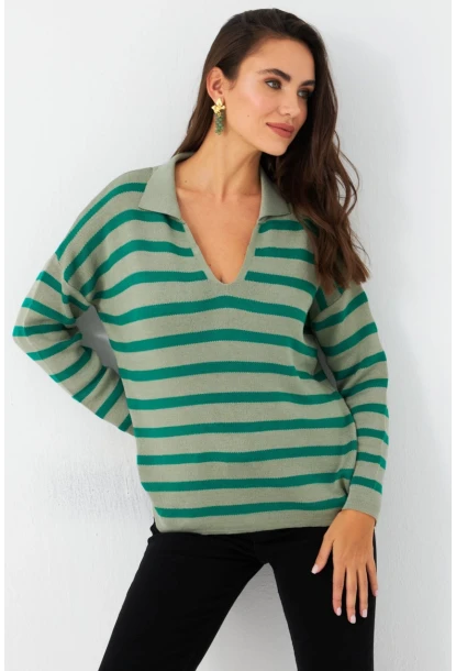 Kadın Yeşil Polo Yaka Çizgili Triko Kazak SE01