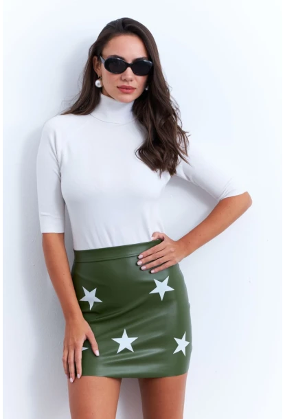 Kadın Yeşil Suni Deri Desenli Mini Etek NH92