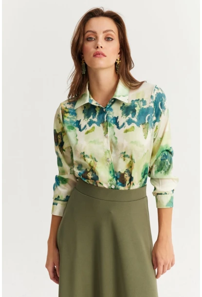 Kadın Yeşil Taş Düğmeli Desenli Gömlek MLVF9