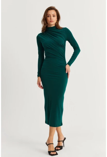 Kadın Zümrüt Yeşil Drape Maxi Elbise DMR377