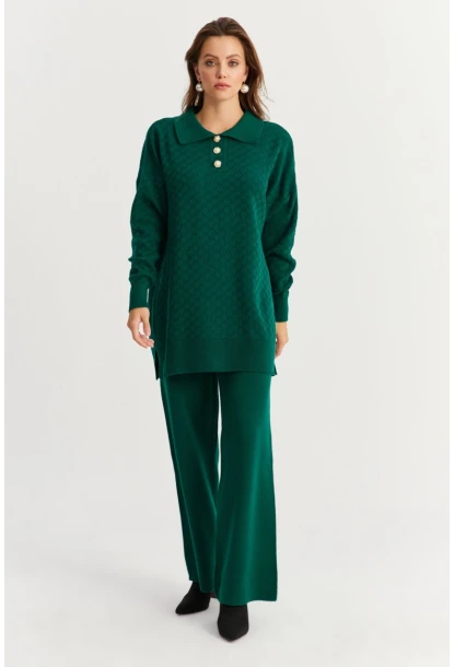 Kadın Zümrüt Yeşil İnci Düğmeli Triko Alt Üst Takım NUV33