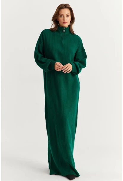 Kadın Zümrüt Yeşil Yakası Fermuarlı Triko Maxi Elbise MNUV10