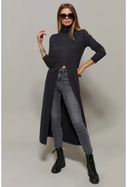 Antrasit Balıkçı Yaka Uzun Yırtmaçlı Tunik MEY1150