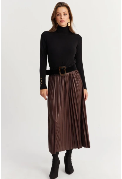 Kadın Acı-Kahve Beli Lastikli Pilise Etek MGÇ190