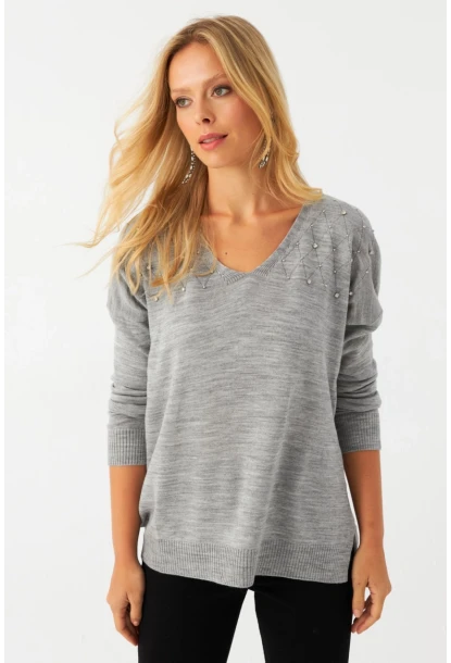 Kadın Açık Gri V Yaka Taşlı İnce Triko Bluz YİL002